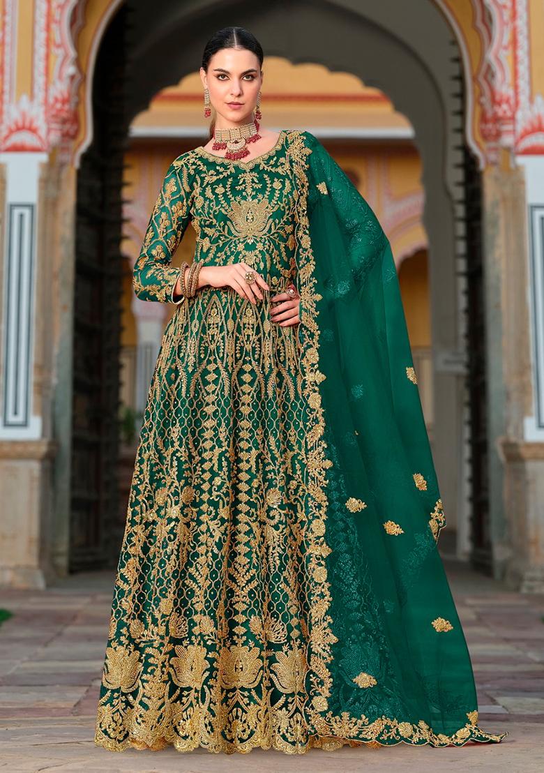 Green Sequin Embroidered Net Anarkali Set