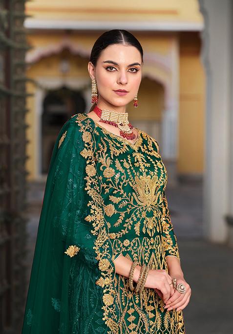 Green Sequin Embroidered Net Anarkali Set