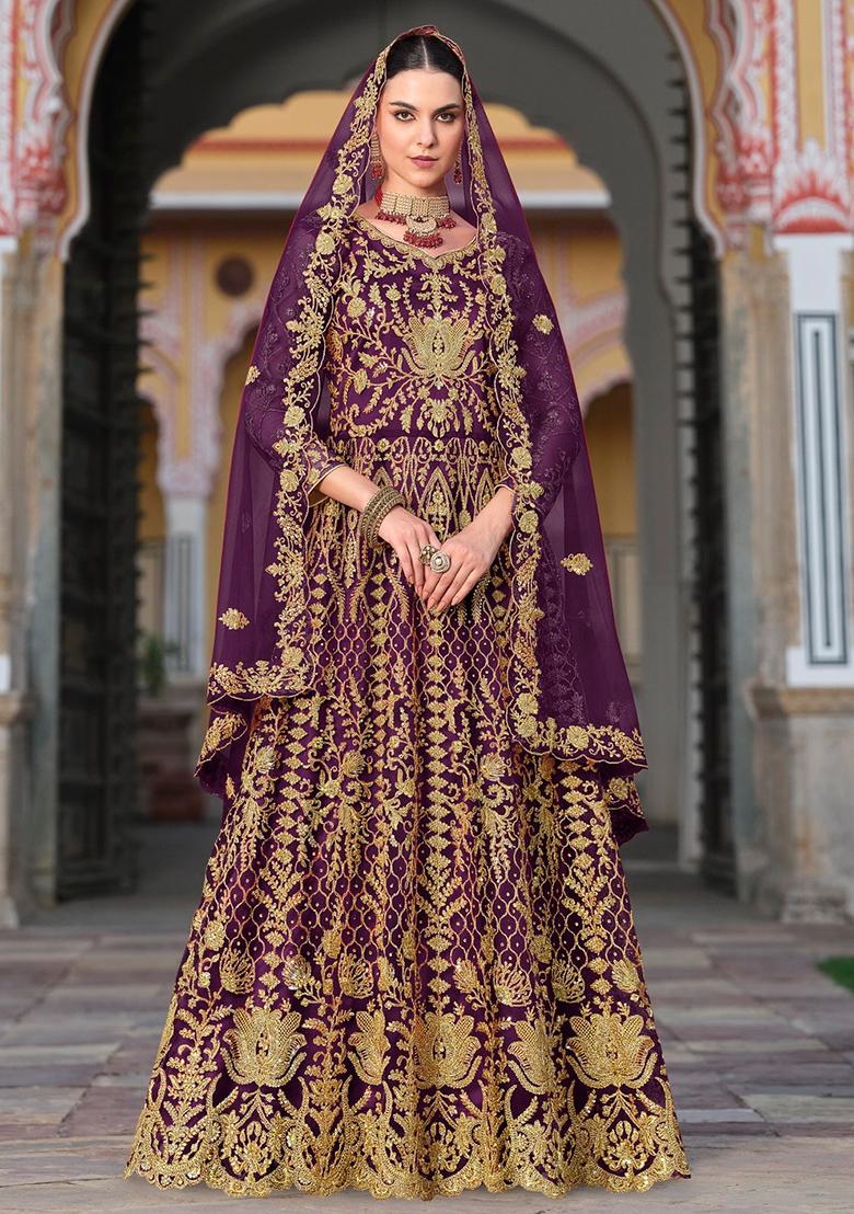 Wine Sequin Embroidered Net Anarkali Set