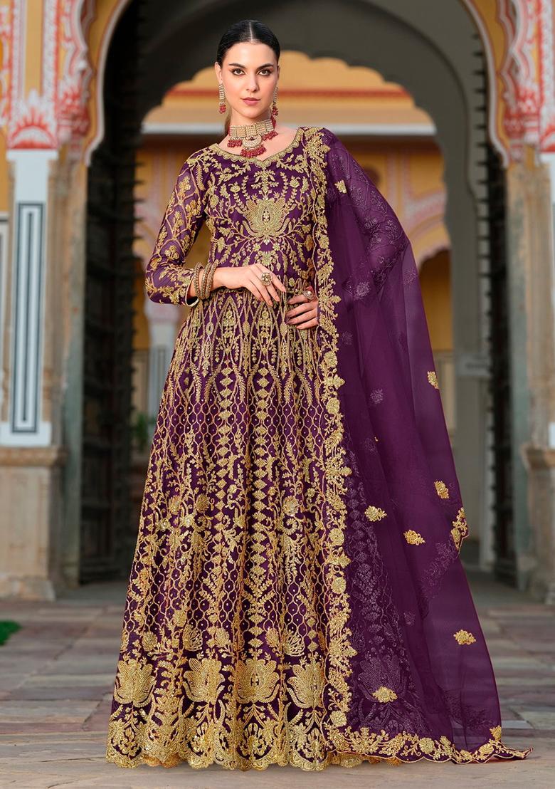 Wine Sequin Embroidered Net Anarkali Set