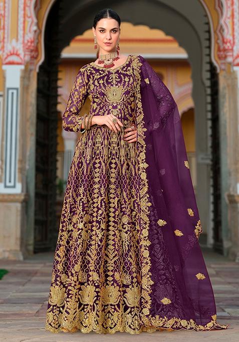 Wine Sequin Embroidered Net Anarkali Set