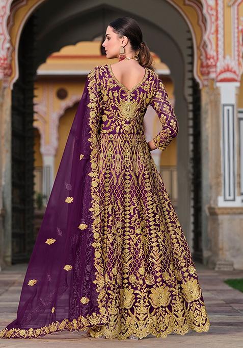Wine Sequin Embroidered Net Anarkali Set
