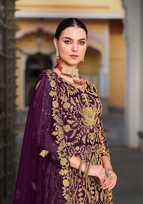Wine Sequin Embroidered Net Anarkali Set
