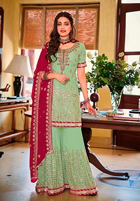Mint Green Sequin Embroidered Faux Georgette Kurta Set