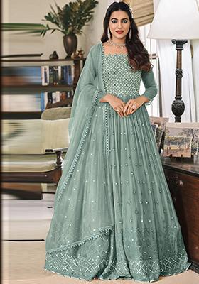 Sea Green Sequin Embroidered Faux Georgette Anarkali Set