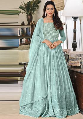 Sky Blue Sequin Embroidered Faux Georgette Anarkali Set