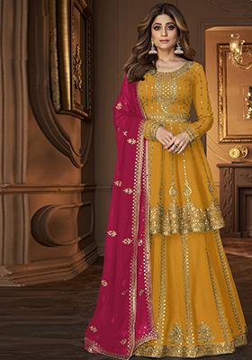 Mustard Sequin Embroidered Faux Georgette Kurta Set