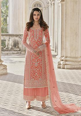 Peach Embroidered Butterfly Net Kurta Set