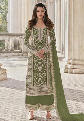 Green Embroidered Butterfly Net Kurta Set