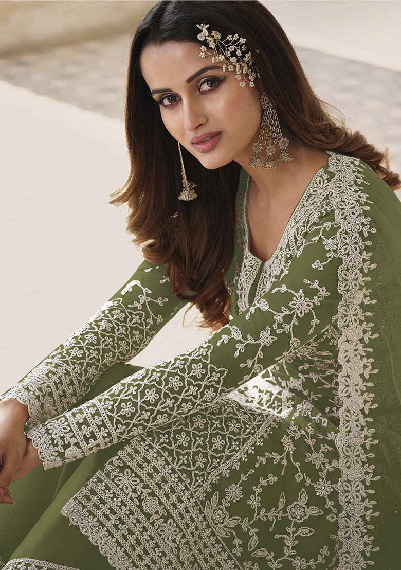 Green Embroidered Butterfly Net Kurta Set