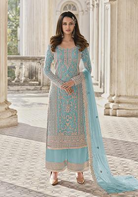 Sky Blue Embroidered Butterfly Net Kurta Set