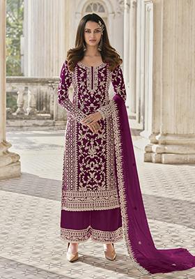 Purple Embroidered Butterfly Net Kurta Set