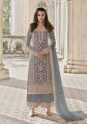 Grey Embroidered Butterfly Net Kurta Set
