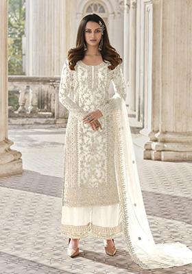 White Embroidered Butterfly Net Kurta Set