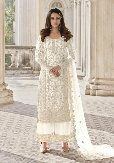 White Embroidered Butterfly Net Kurta Set