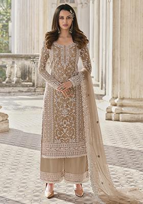 Light Brown Embroidered Butterfly Net Kurta Set