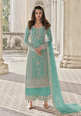 Blue Embroidered Butterfly Net Kurta Set