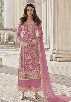 Pink Embroidered Butterfly Net Kurta Set