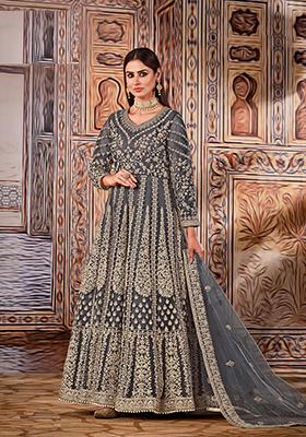 Dark Grey Sequin Embroidered Butterfly Net Anarkali Set