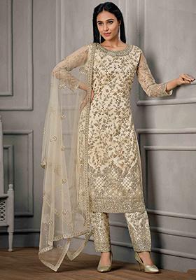 Cream Sequin Embroidered Butterfly Net Kurta Set