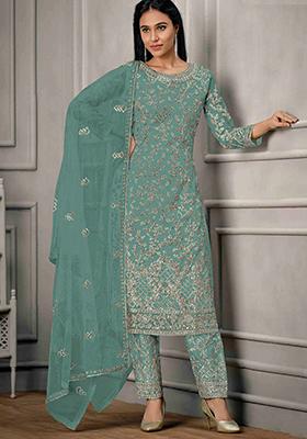 Sea Green Sequin Embroidered Butterfly Net Kurta Set