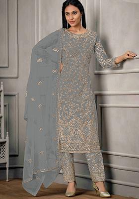 Grey Sequin Embroidered Butterfly Net Kurta Set