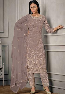 Mauve Sequin Embroidered Butterfly Net Kurta Set
