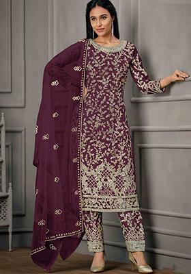 Purple Sequin Embroidered Butterfly Net Kurta Set