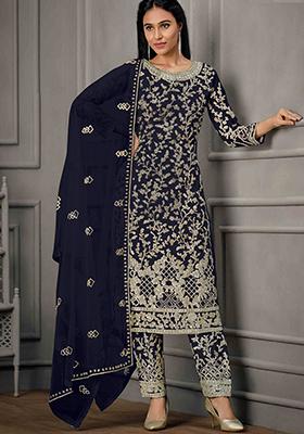 Navy Blue Sequin Embroidered Butterfly Net Kurta Set