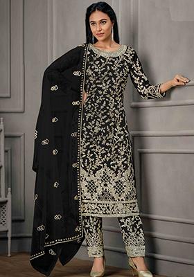 Black Sequin Embroidered Butterfly Net Kurta Set