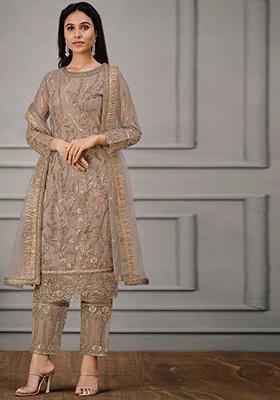 Light Brown Sequin Embroidered Butterfly Net Kurta Set