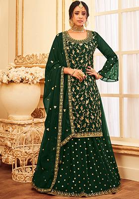 Green Sequin Embroidered Faux Georgette Kurta Set