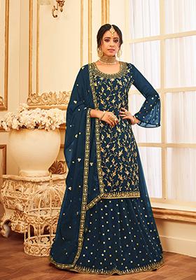 Teal Sequin Embroidered Faux Georgette Kurta Set