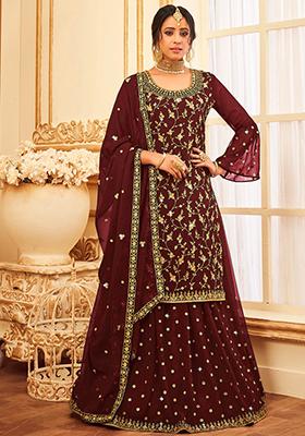 Maroon Sequin Embroidered Faux Georgette Kurta Set