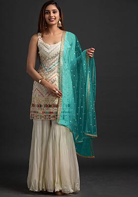 Off White Sequin Embroidered Faux Georgette Sharara Set