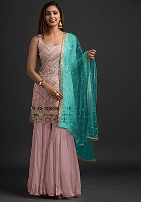 Light Pink Sequin Embroidered Faux Georgette Sharara Set