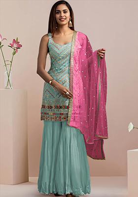 Blue Sequin Embroidered Faux Georgette Sharara Set