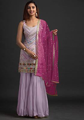 Lavender Sequin Embroidered Faux Georgette Sharara Set