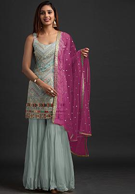 Sky Blue Sequin Embroidered Faux Georgette Sharara Set
