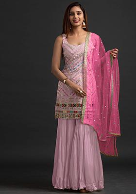 Pink Sequin Embroidered Faux Georgette Sharara Set