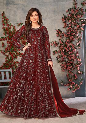 Maroon Sequin Embroidered Butterfly Net Anarkali Set