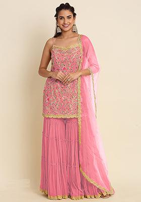 Pink Sequin Embroidered Faux Georgette Sharara Set