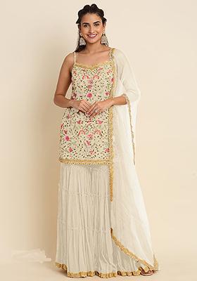 White Sequin Embroidered Faux Georgette Sharara Set