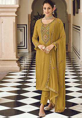 Yellow Sequin Embroidered Faux Georgette Kurta Set