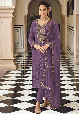 Purple Sequin Embroidered Faux Georgette Kurta Set