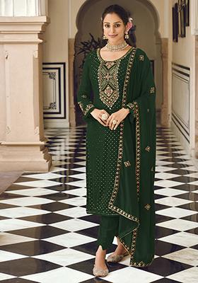 Green Sequin Embroidered Faux Georgette Kurta Set