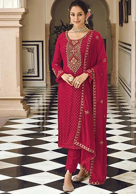 Red Sequin Embroidered Faux Georgette Kurta Set