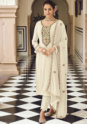 Cream Sequin Embroidered Faux Georgette Kurta Set