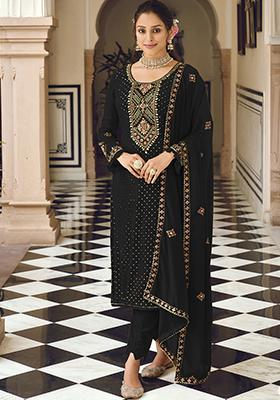 Black Sequin Embroidered Faux Georgette Kurta Set