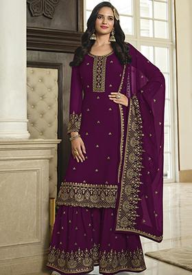 Purple Sequin Embroidered Faux Georgette Sharara Set
